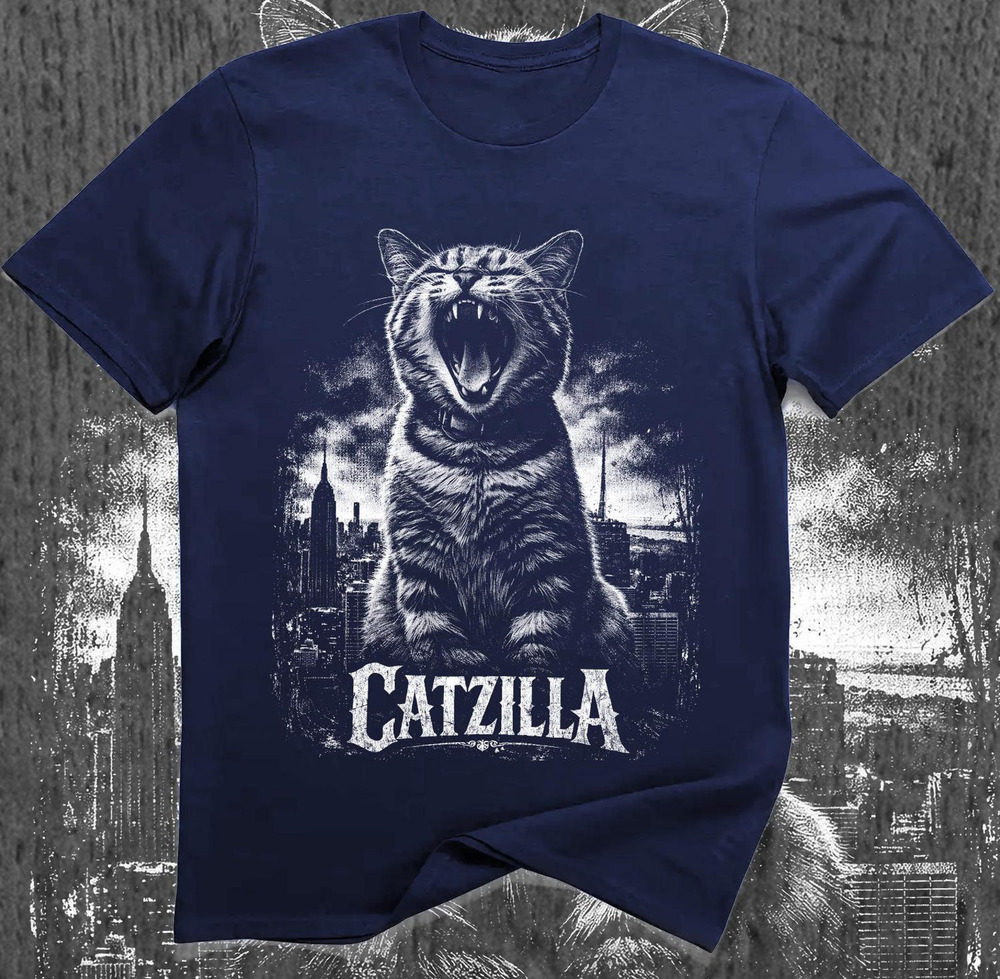 Catzilla Giant City Cat T Shirt Navy